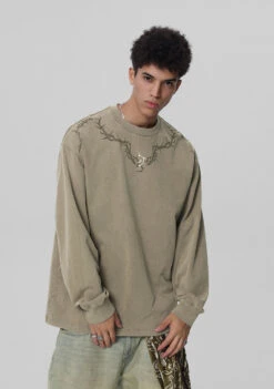 JHYQ Washed Torn Collar Long Sleeve(Jhyq Washed Torn Collar Long Sleeve) -Youth Urban Wear Khaki1