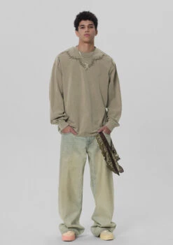 JHYQ Washed Torn Collar Long Sleeve(Jhyq Washed Torn Collar Long Sleeve) -Youth Urban Wear Khaki2