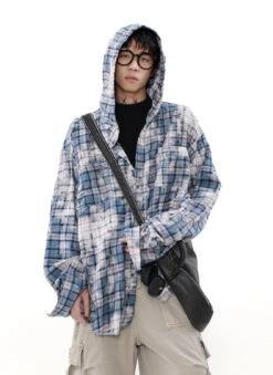 MRNEARLY Distressed Horizon Hooded Flannel Jacket(Mrnearly Distressed Horizon Hooded Flannel Jacket)