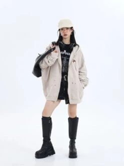 JUMPNEXT Distressed Striped Zip Jacket(Jumpnext Distressed Striped Zip Jacket)