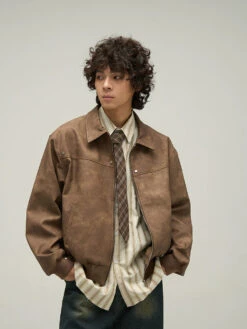 WLNEXT Distressed Faux Leather Jacket(Wlnext Distressed Faux Leather Jacket)