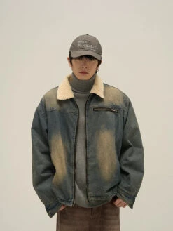 Faux Fur-Lined Faded Denim Jacket(Faux Fur Lined Faded Denim Jacket)