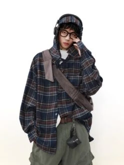 MRNEARLY Shadow Plaid Hooded Flannel Jacket(Mrnearly Shadow Plaid Hooded Flannel Jacket)